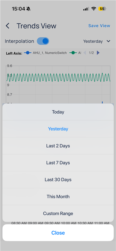 Time range menu with Today, Yesterday, Last 7 Days, and Custom Range