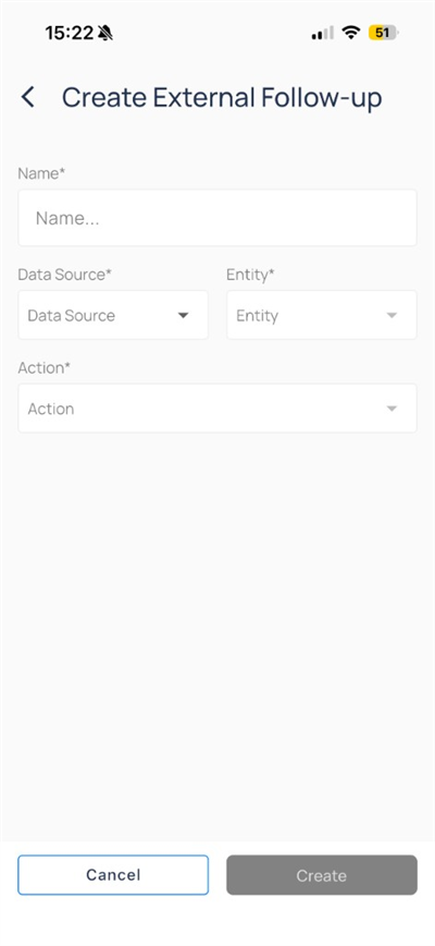 Create External Follow-up with Name, Data Source, Entity, and Action fields