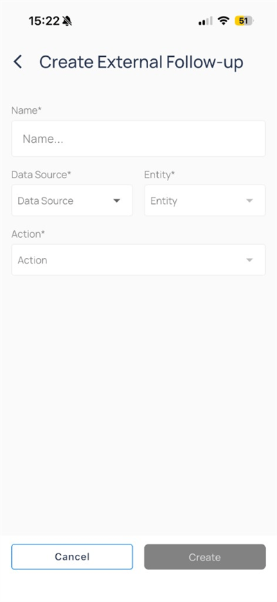 Create External Follow-up with Name, Data Source, Entity, and Action fields
