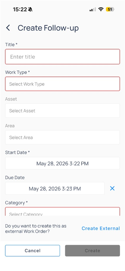 Create Follow-up form with work type, asset, area, and dates