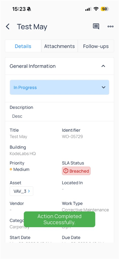 Work order In Progress with success toast after status change