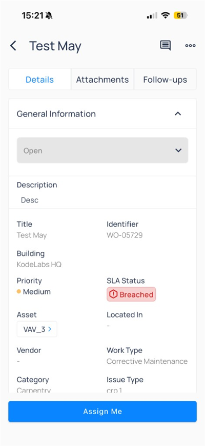Work order Test May Open status with asset VAV_3 and Assign Me button