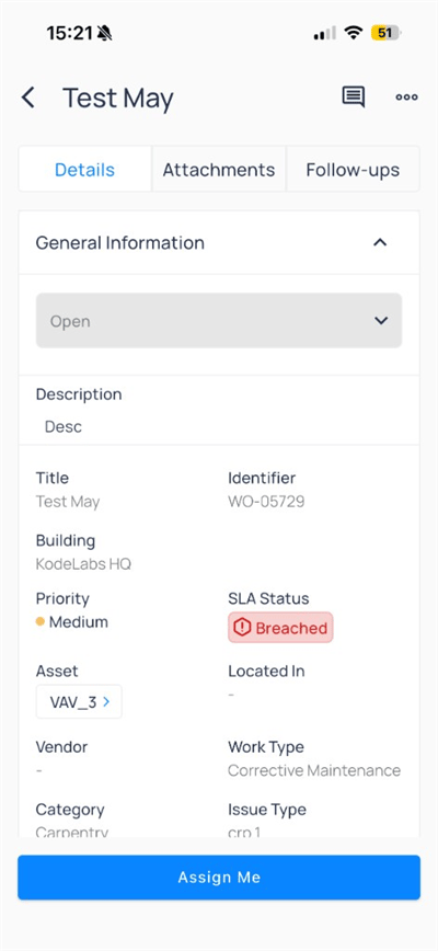 Work order Test May Open status with asset VAV_3 and Assign Me button