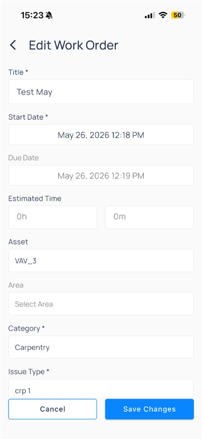 Edit Work Order form with title, dates, asset VAV_3, category, and issue type