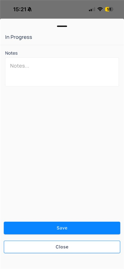 In Progress sheet with Notes field and Save button