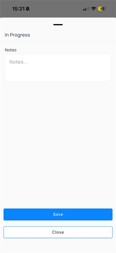 In Progress sheet with Notes field and Save button