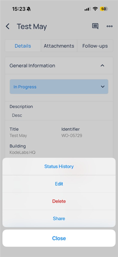 Work order menu with Status History, Edit, Delete, and Share
