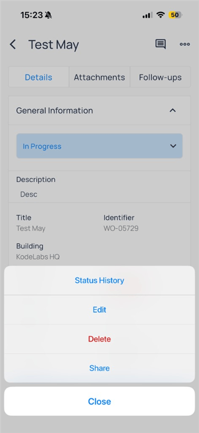 Work order menu with Status History, Edit, Delete, and Share