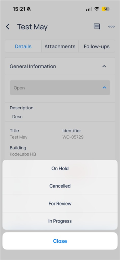 Work order status menu with On Hold, Cancelled, For Review, and In Progress