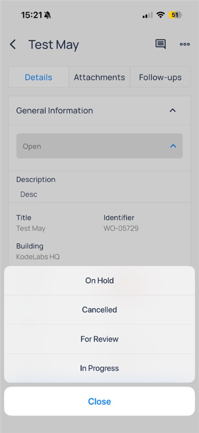Work order status menu with On Hold, Cancelled, For Review, and In Progress