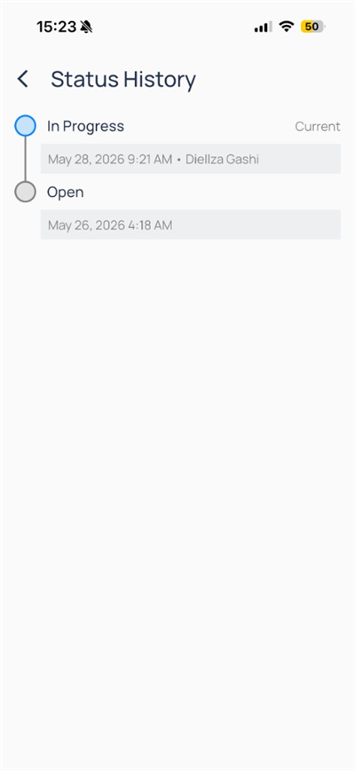Status History timeline from Open to In Progress with user and timestamp