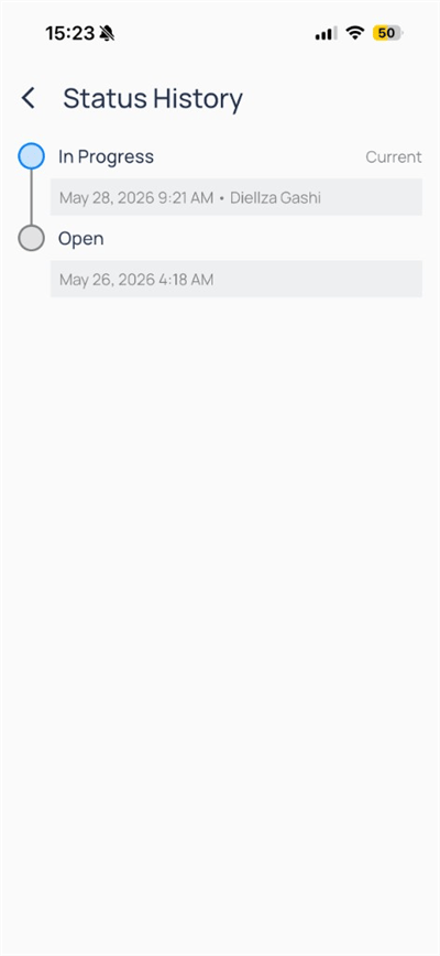 Status History timeline from Open to In Progress with user and timestamp