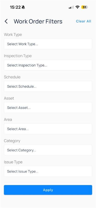 Work Order Filters for work type, asset, area, category, and issue type