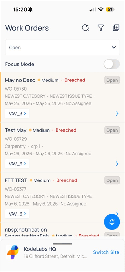 Work Orders list with Open status, priority, SLA Breached, and VAV_3 asset links