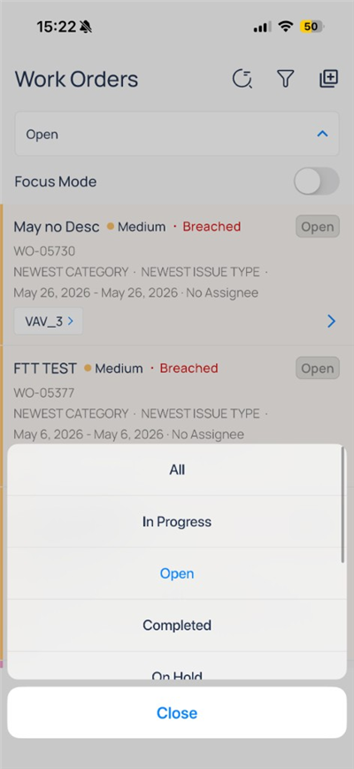 Work Orders status menu with Open selected