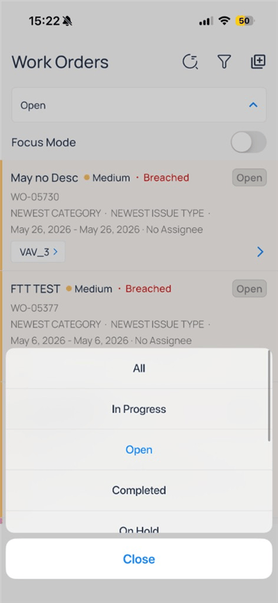 Work Orders status menu with Open selected