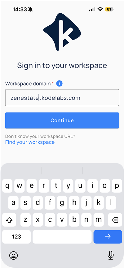 Sign in to your workspace screen with workspace domain field and Continue button