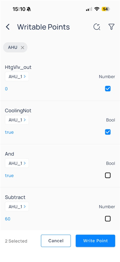 Writable points filtered to AHU with HtgVlv_out and CoolingNot selected