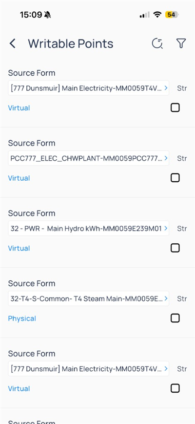 Writable Points list with virtual and physical source forms