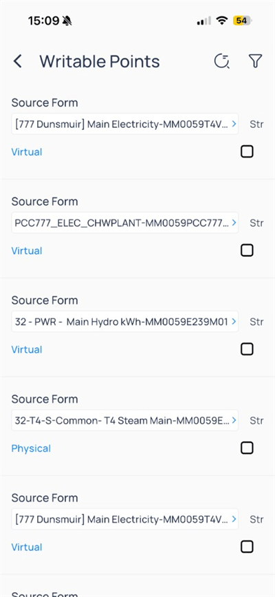 Writable Points list with virtual and physical source forms