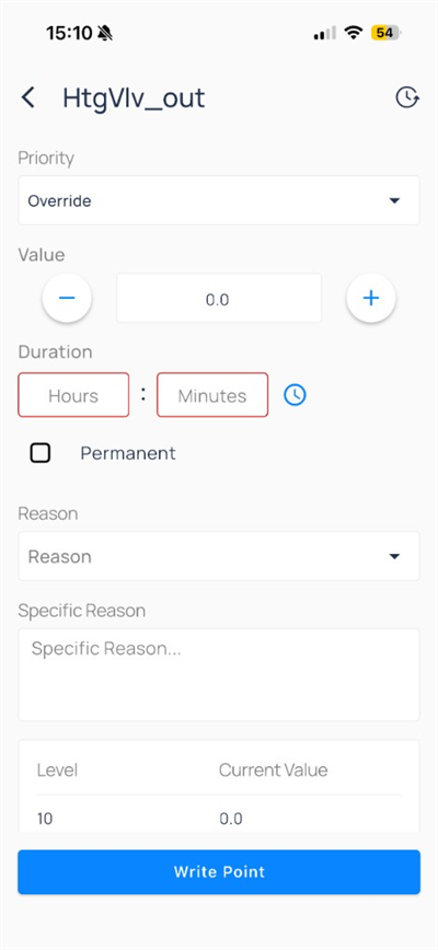 Write point form for HtgVlv_out with priority Override and value 0.0