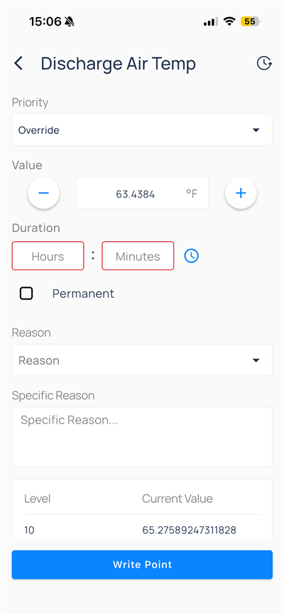 Write Point command window with priority Override, value, duration, reason, and Write Point button