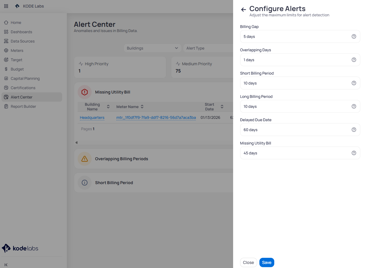 Configure Alerts panel showing editable threshold fields for Billing Gap at 5 days, Overlapping Days at 1 day, Short Billing Period at 10 days, Long Billing Period at 10 days, Delayed Due Date at 60 days, and Missing Utility Bill at 45 days, with Close and Save buttons