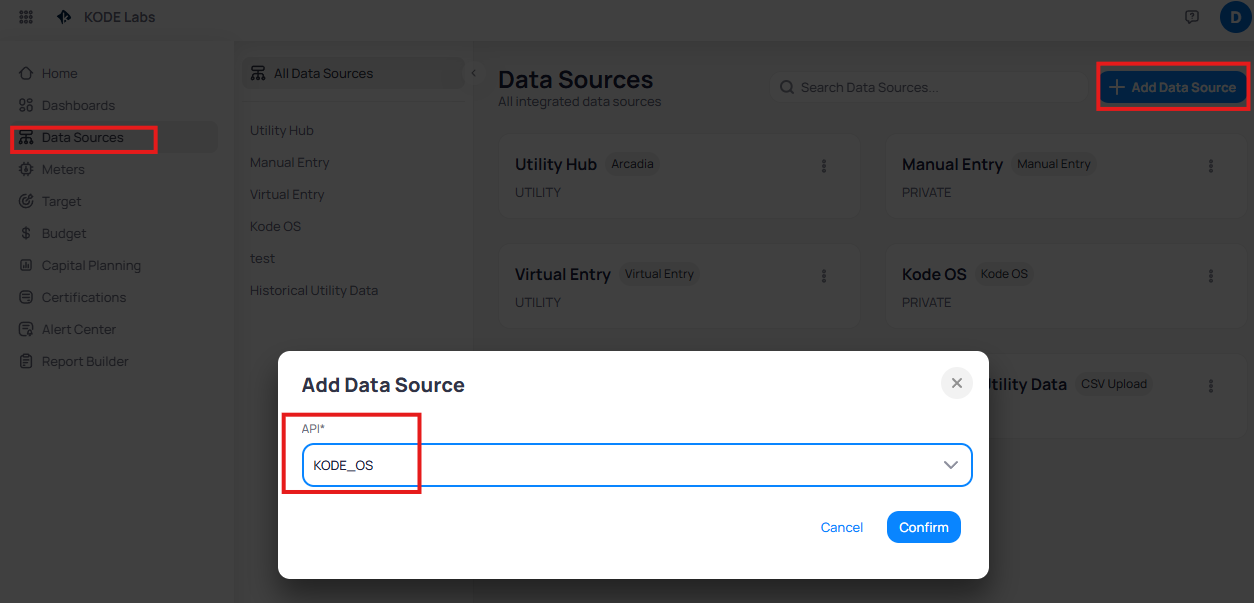 Add Data Source dialog with KODE_OS selected in API dropdown