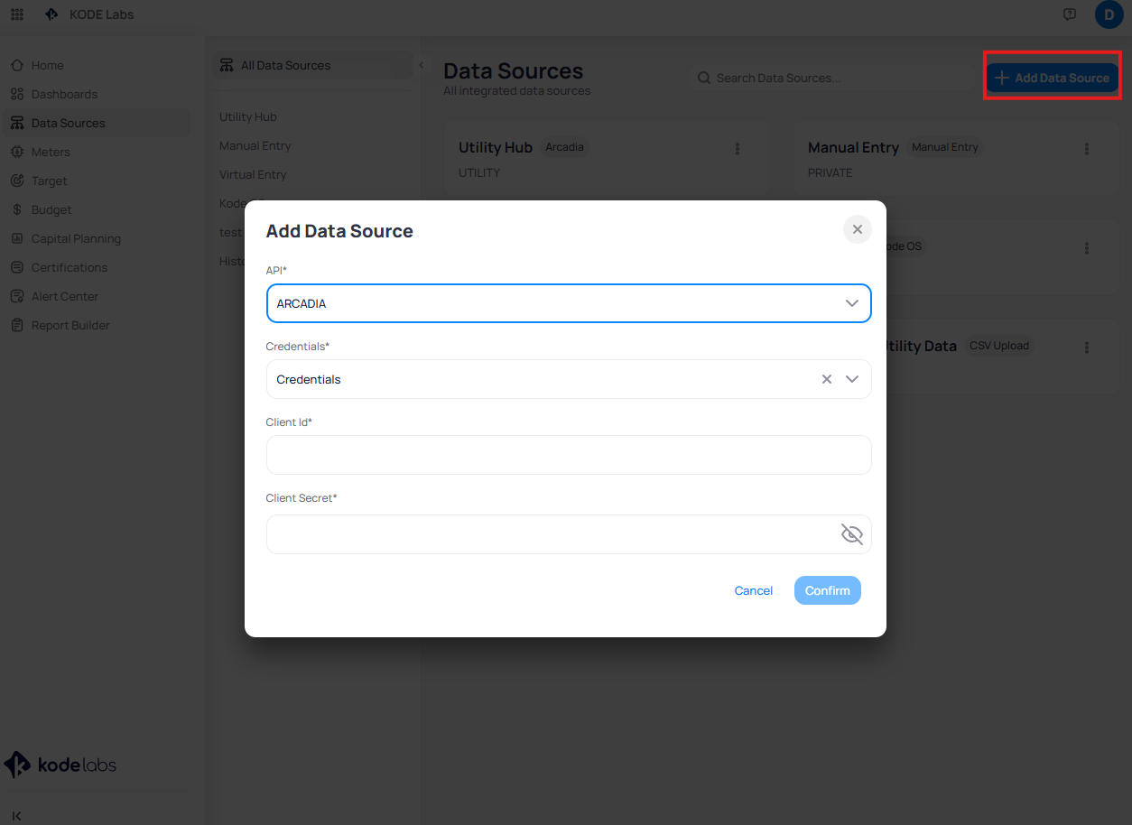 Add Data Source dialog showing ARCADIA selected with Credentials Client Id and Client Secret fields