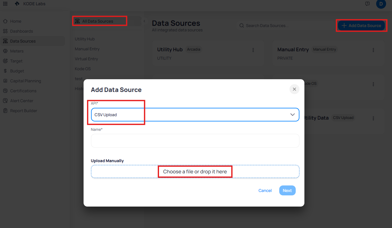 Add Data Source dialog showing CSV Upload selected in the API dropdown, a Name field, and a file upload area labeled Choose a file or drop it here