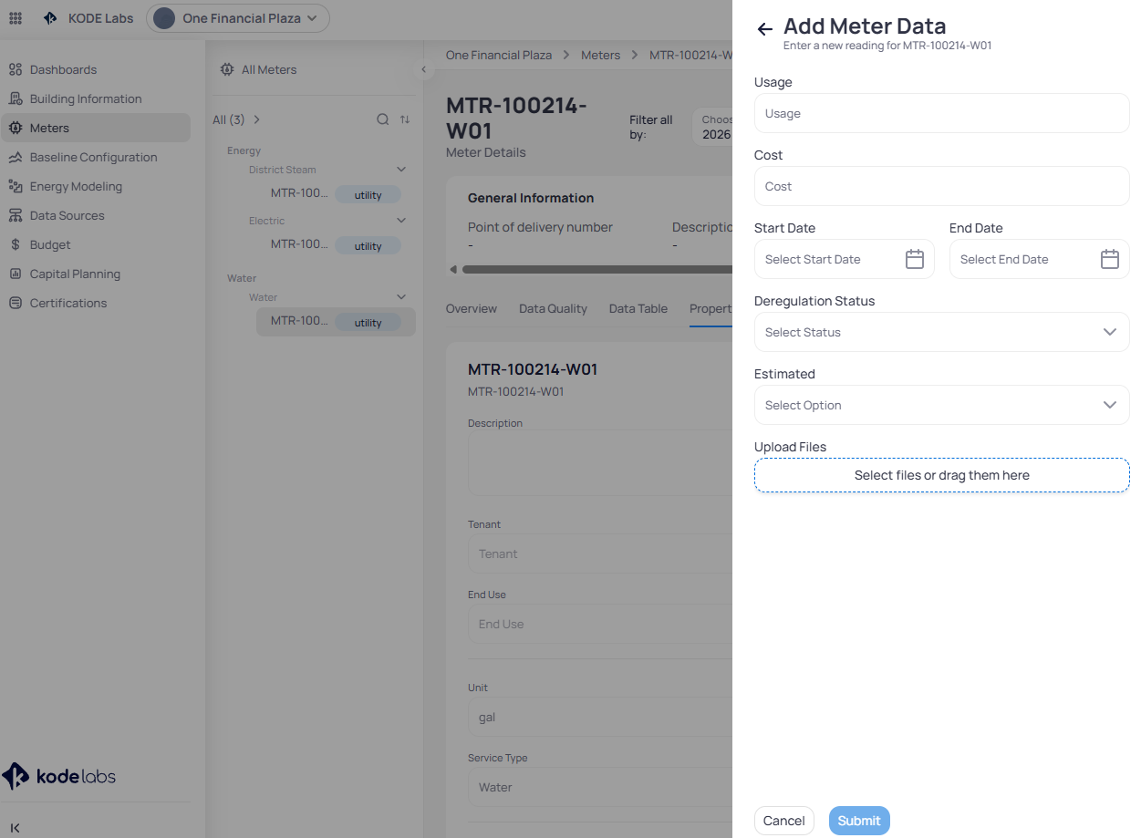 Add Meter Data side panel with Usage Cost Start Date End Date Deregulation Status Estimated and Upload Files fields