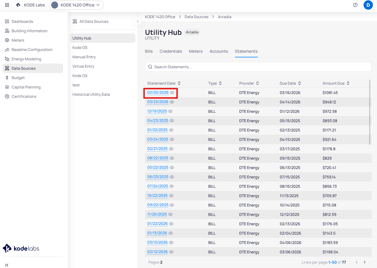 Utility Hub Arcadia data source Statements tab showing a searchable list of bills from DTE Energy with columns for Statement Date, Type showing BILL, Provider, Due Date, and Amount Due ranging from 709 to 1198 dollars, with pagination showing 1 to 50 of 77 records