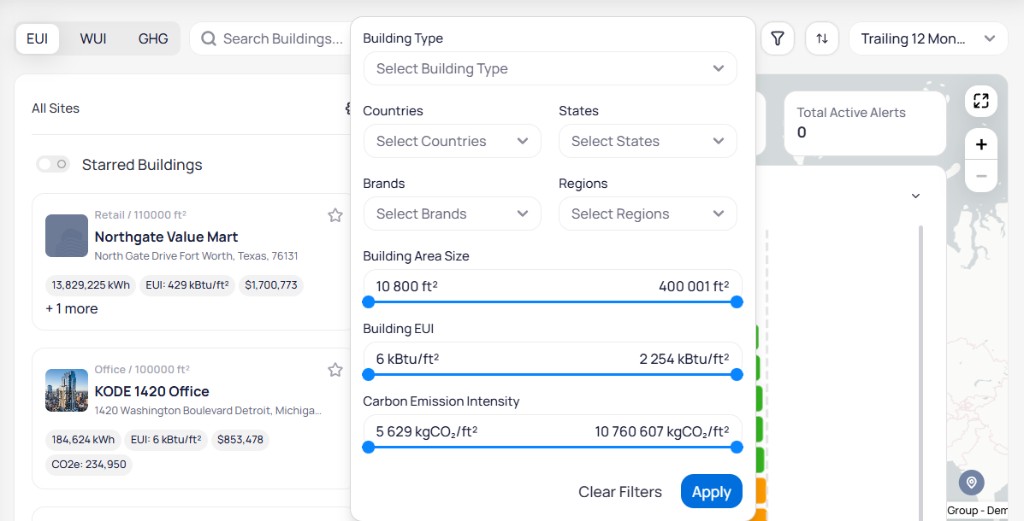 Filter modal on Portfolio Home with dropdowns for Building Type Countries States Brands and Regions and sliders for Building Area Size Building EUI and Carbon Emission Intensity ranges with Clear Filters and Apply buttons