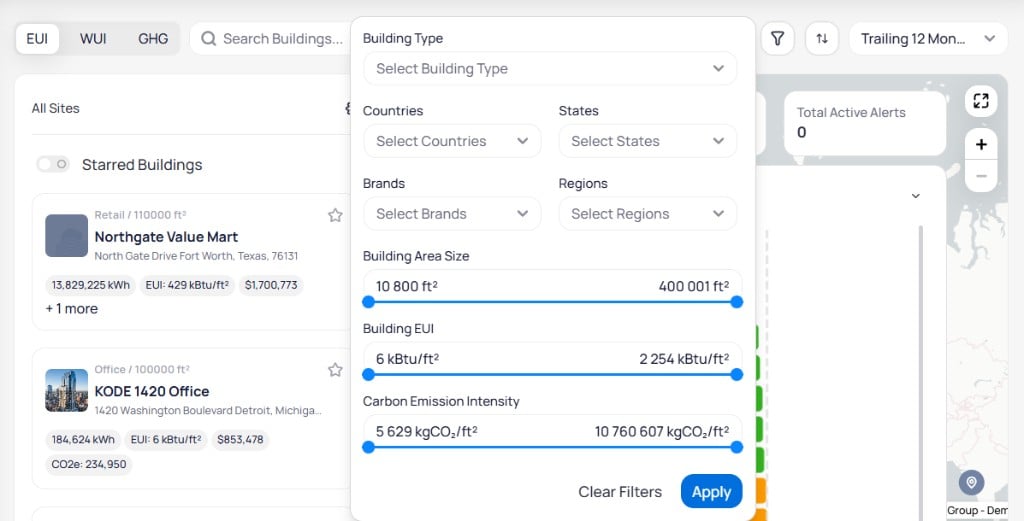 Filter modal on Portfolio Home with dropdowns for Building Type Countries States Brands and Regions and sliders for Building Area Size Building EUI and Carbon Emission Intensity ranges with Clear Filters and Apply buttons