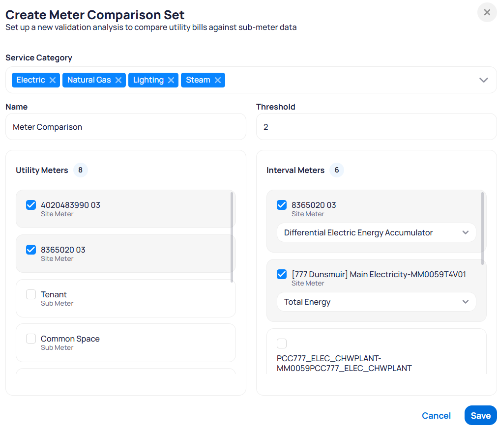 Create Meter Comparison Set modal with subtitle validation analysis to compare utility bills against sub-meter data Service Category Electric Natural Gas Lighting Steam Name Meter Comparison Threshold 2 Utility Meters checklist with 8365020 03 selected and Interval Meters with point type dropdowns