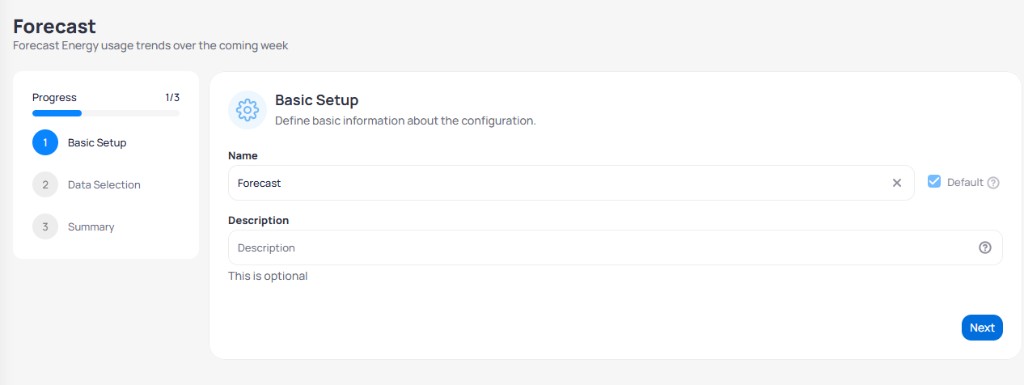 Forecast wizard step 1 of 3 Basic Setup with Name Forecast Default checkbox checked optional Description field and Next button