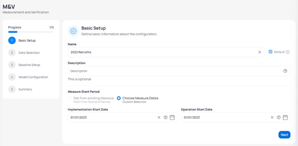 M&V wizard step 1 of 5 Basic Setup with Name 2022 Retrofits Default checkbox Description Measure Start Period Choose Measure Dates selected Implementation Start Date and Operation Start Date 01/01/2023 and Next button