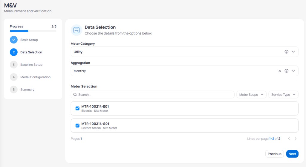 M&V wizard step 2 Data Selection with Meter Category Utility Aggregation Monthly search bar Meter Scope and Service Type filters and selected meters MTR-100214-E01 Electric and MTR-100214-S01 District Steam