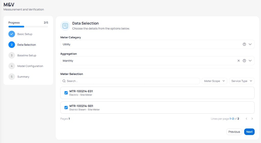 M&V wizard step 2 Data Selection with Meter Category Utility Aggregation Monthly search bar Meter Scope and Service Type filters and selected meters MTR-100214-E01 Electric and MTR-100214-S01 District Steam
