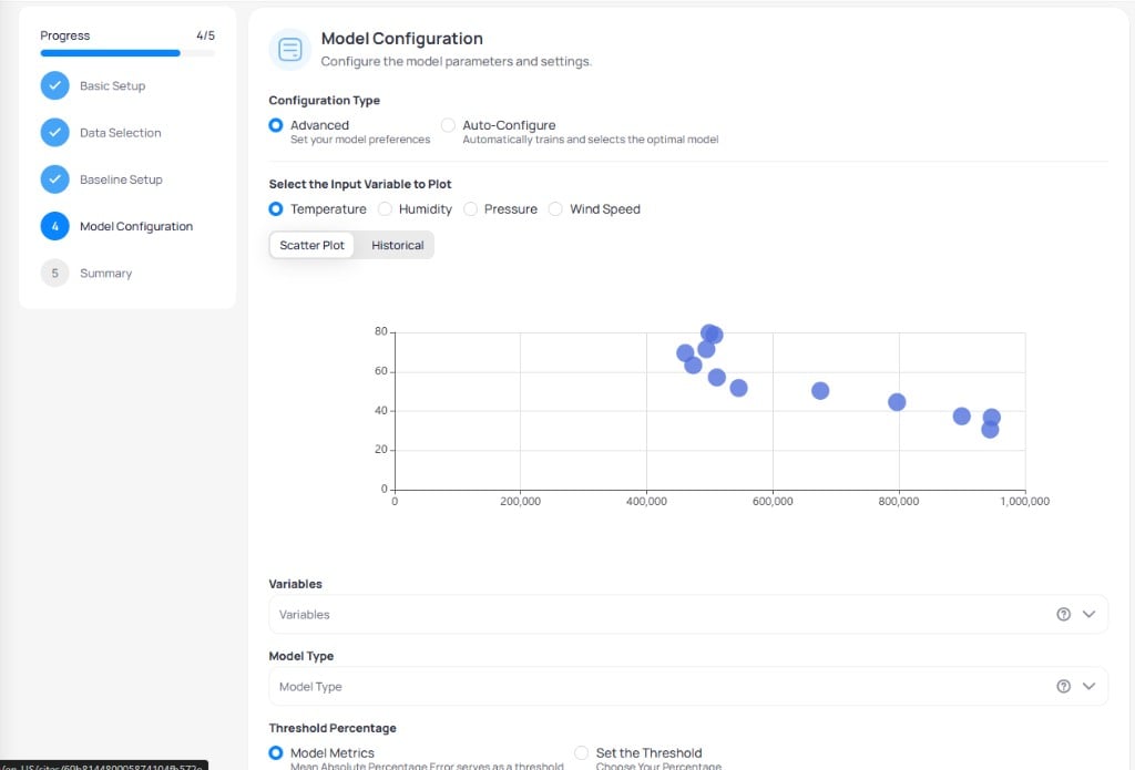 M&V wizard step 4 Model Configuration with Advanced selected input variable Temperature scatter plot Variables and Model Type dropdowns and Model Metrics threshold option