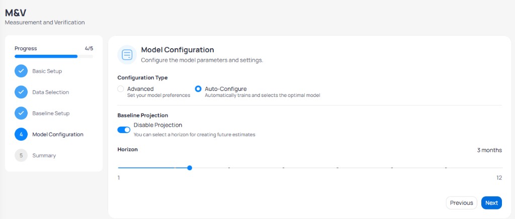 M&V wizard step 4 Model Configuration with Auto-Configure selected Disable Projection toggle on and Baseline Projection horizon slider set to 3 months from 1 to 12