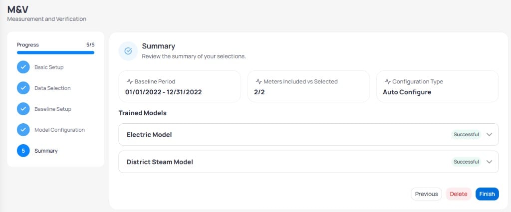 M&V wizard step 5 Summary showing Baseline Period 01/01/2022-12/31/2022 Meters 2 of 2 Configuration Type Auto Configure Trained Models Electric Model and District Steam Model both Successful with Previous Delete and Finish buttons