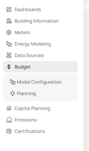 Building sidebar with Budget expanded showing Model Configuration and Planning nested items