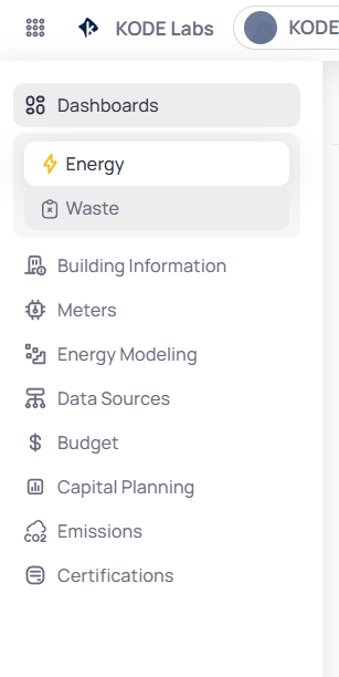 Building-level EnerG sidebar with Dashboards expanded showing Energy selected with lightning icon and Waste below, followed by Building Information, Meters, Energy Modeling, Data Sources, Budget, Capital Planning, Emissions, and Certifications