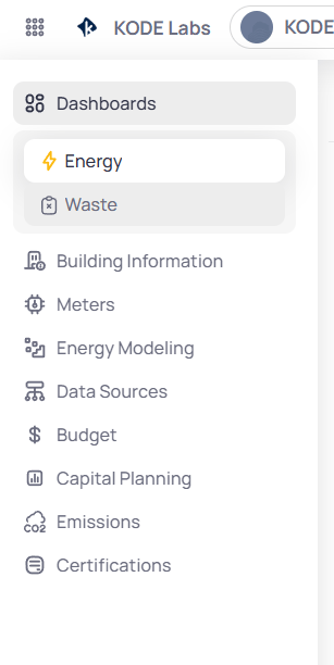 Building-level EnerG sidebar with Dashboards expanded showing Energy selected with lightning icon and Waste below, followed by Building Information, Meters, Energy Modeling, Data Sources, Budget, Capital Planning, Emissions, and Certifications