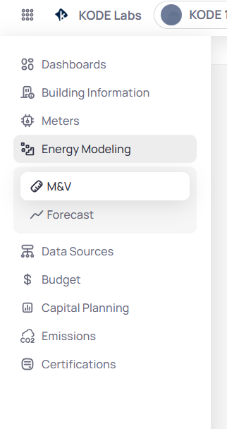 Building sidebar with Energy Modeling expanded, M&V selected, and Forecast listed below