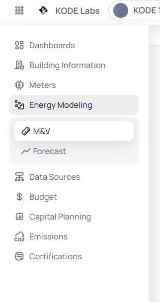 Building sidebar with Energy Modeling expanded, M&V selected, and Forecast listed below