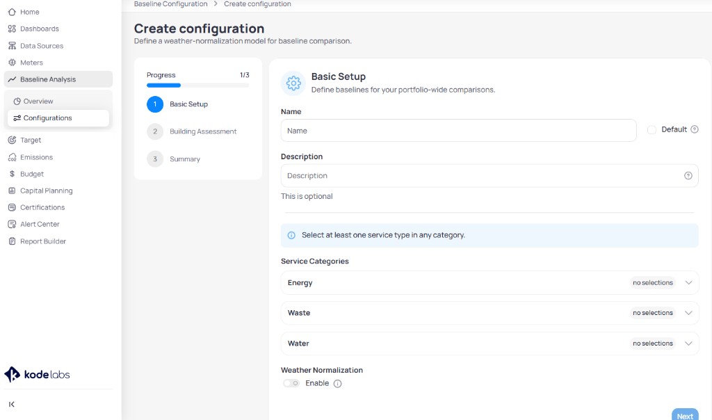 Create configuration wizard step 1 Basic Setup with Name and Description fields, Default checkbox, Energy Waste and Water category dropdowns showing no selections, and Weather Normalization Enable toggle