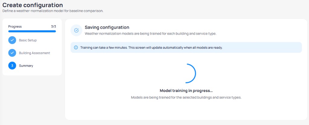 Create configuration step 3 Summary showing Saving configuration message, info banner that training can take a few minutes, and a loading spinner with Model training in progress text