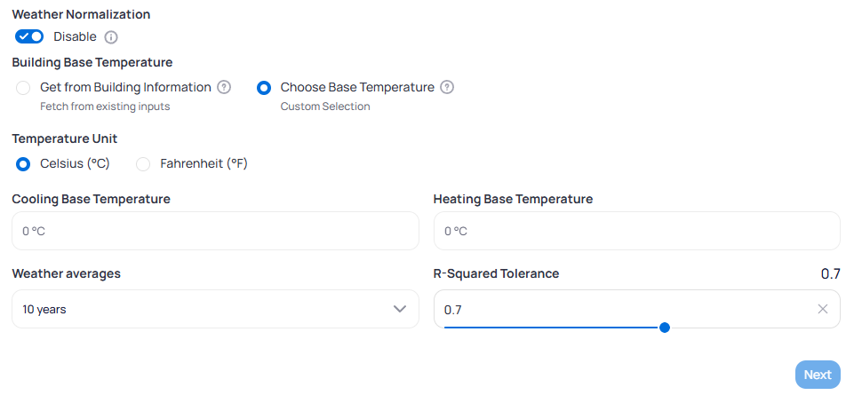 Weather Normalization section with Enable toggle, Building Base Temperature options for Get from Building Information or Choose Base Temperature, Celsius and Fahrenheit unit radios, Cooling and Heating base temperature fields, Weather averages dropdown set to 10 years, and R-Squared Tolerance slider at 0.7